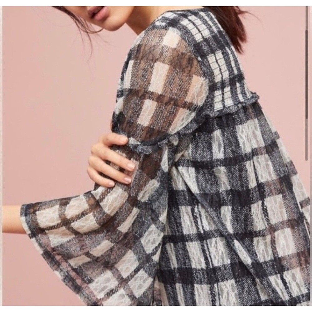 Anthropologie Akemi + Kin Patrizia Lace Plaid Blouse Flare Sleeves Size Medium - Picture 8 of 8